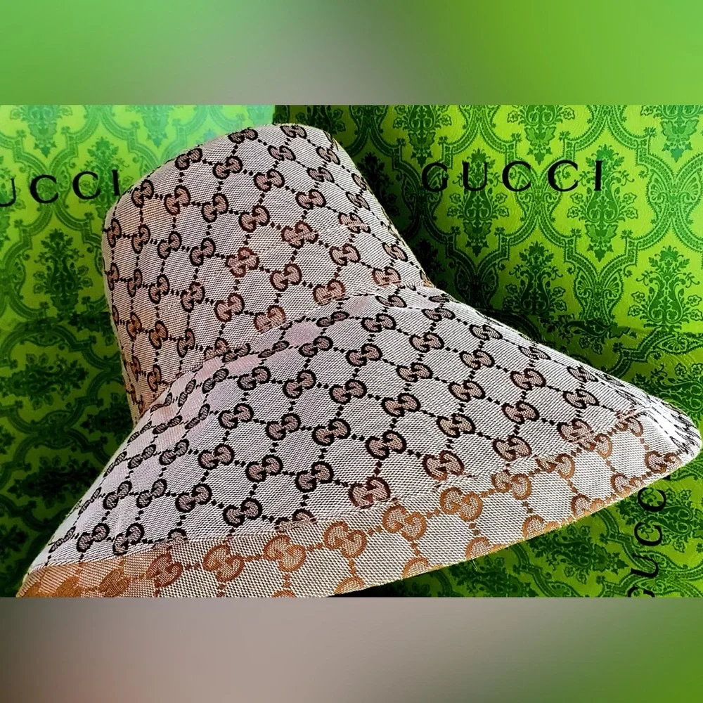 Gucci Beige GG Monogram Bucket Hat Wide Large Brim Jacquard Canvas Sun Beach - Picture 10 of 16